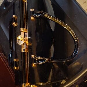 Elegant Black and Gold Patent Leather Large Women's Trunk Handbag